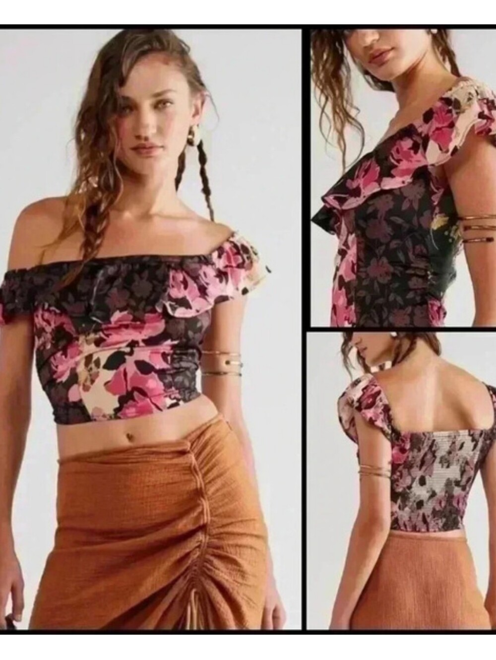 NWT Free People Floral Off-Shoulder Top - Pink and Black